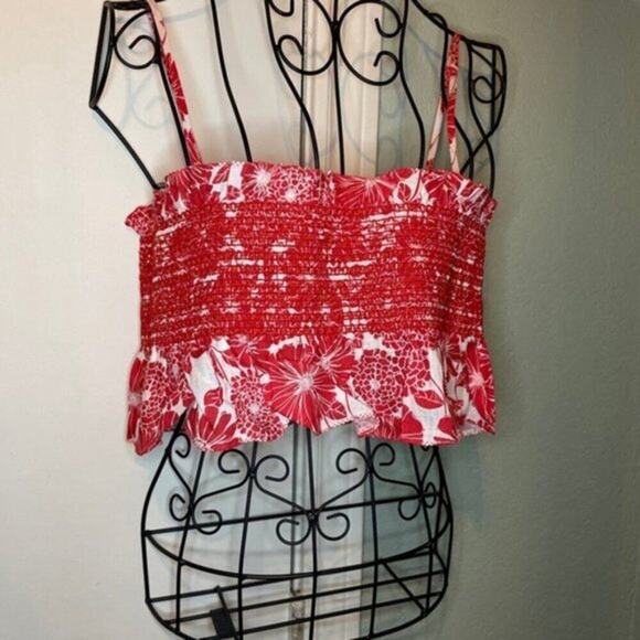 Lisa Marie Fernandez Cropped smocked printed cotton voile top red - Picture 5 of 5